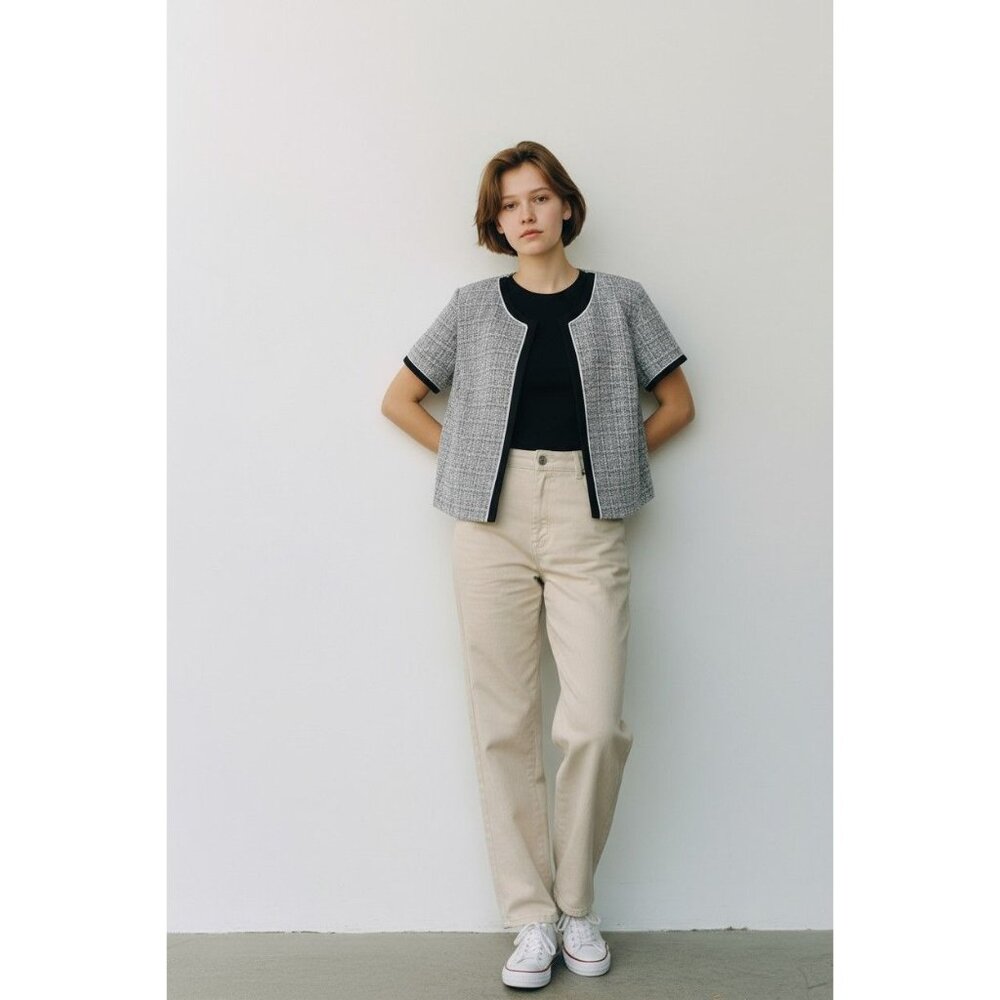 Dressbarn  Cropped Open-Front Tweed Jacket Black/White Short Sleeves-14W
